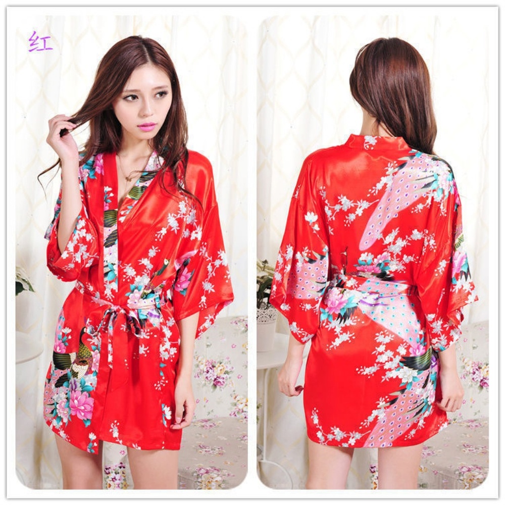 MEI YESIDA Red Silk Satin Kimono Style Robe - Picture 2 of 4